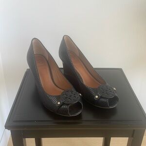 Tory Burch Mini Miller Open Toe Blue Croc Wedge Heels - 7.5M